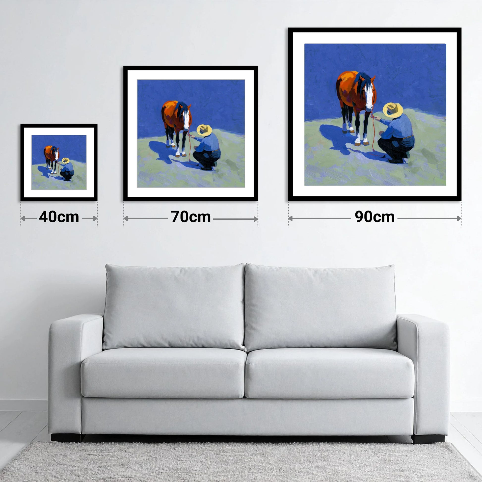 Sunlit Western Bond - size guide showing 40cm, 70cm and 90cm art prints