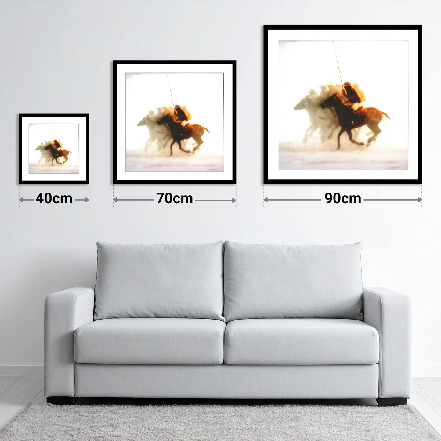 Through the Golden Haze - size guide showing 40cm, 70cm and 90cm art prints