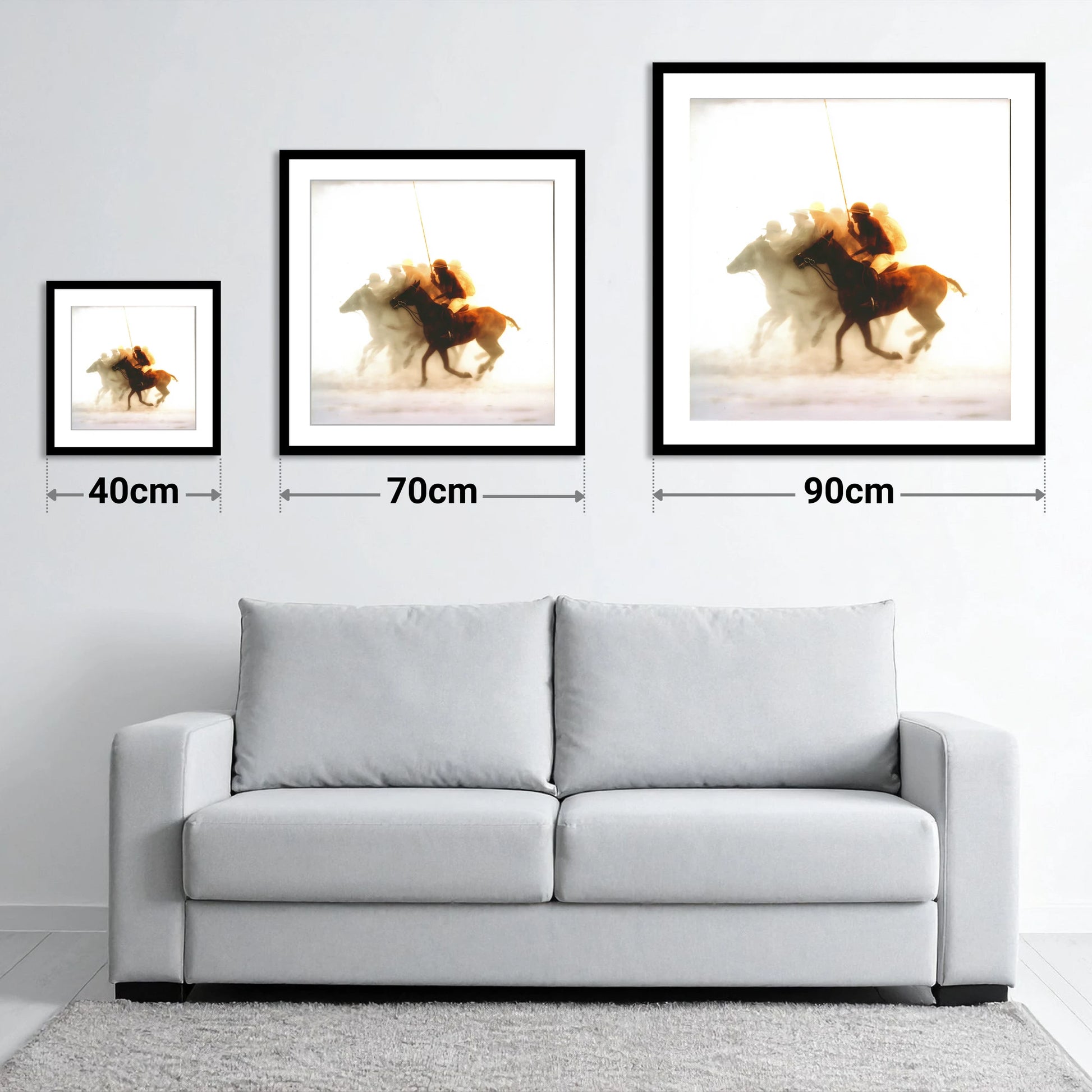 Through the Golden Haze - size guide showing 40cm, 70cm and 90cm art prints