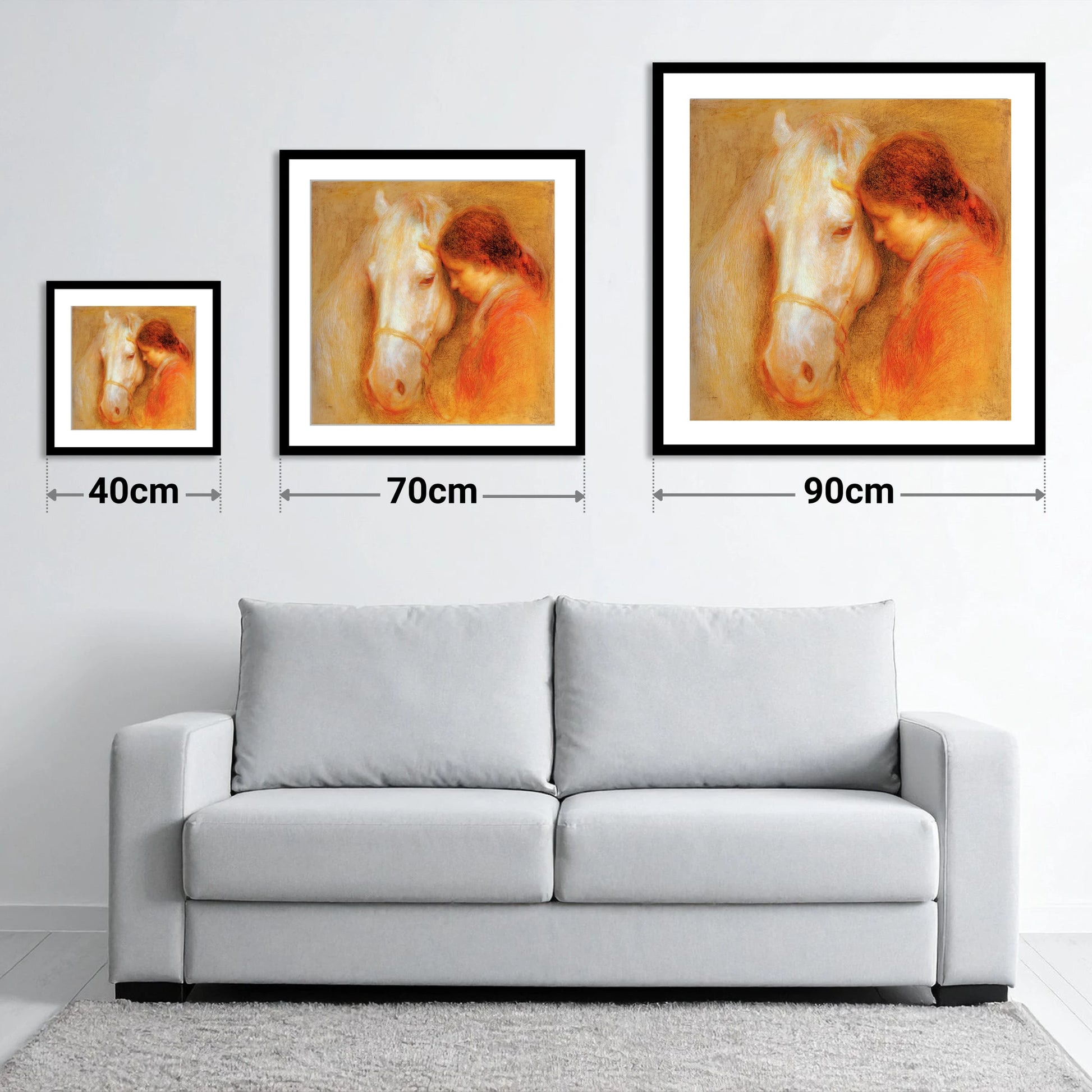 The Unspoken Bond - size guide showing 40cm, 70cm and 90cm art prints