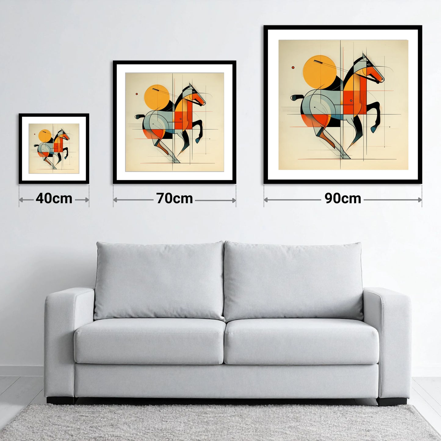 Structured Polo Rhythm - size guide showing 40cm, 70cm and 90cm art prints