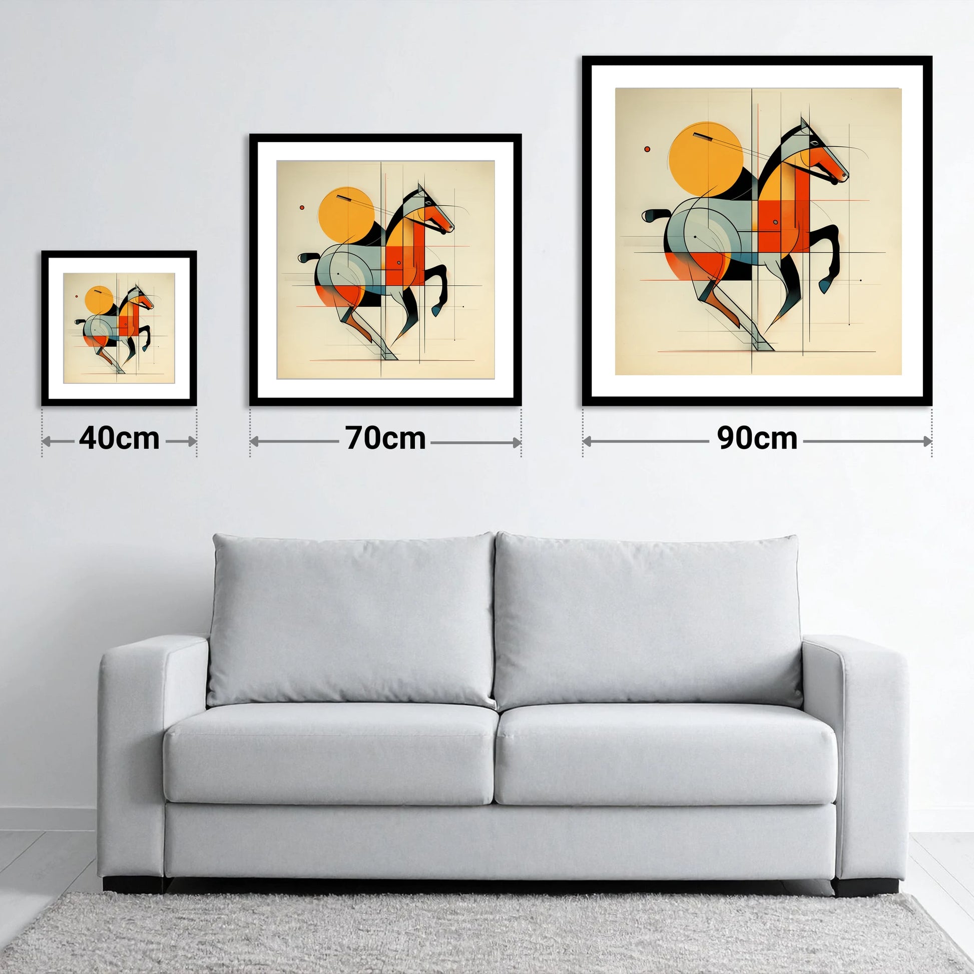 Structured Polo Rhythm - size guide showing 40cm, 70cm and 90cm art prints