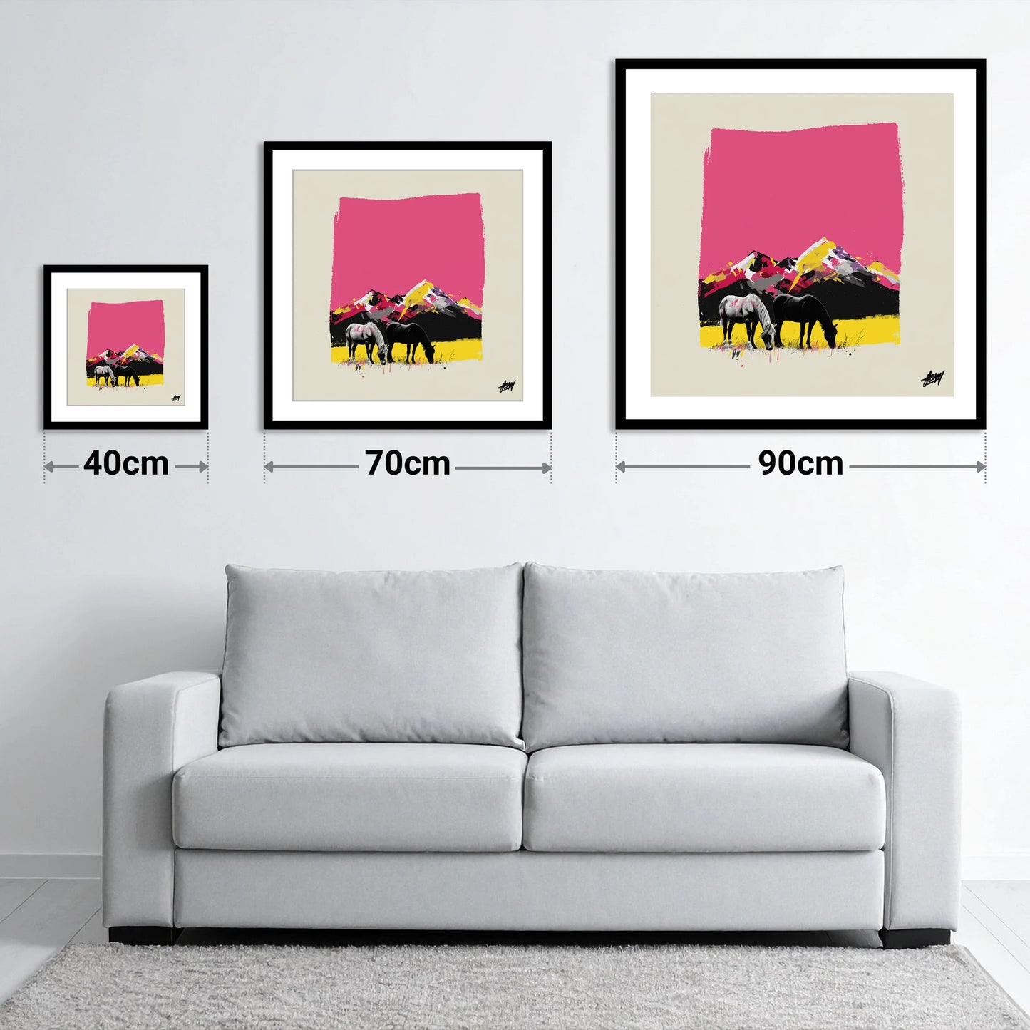 Vibrant Mountain Pastures - size guide showing 40cm, 70cm and 90cm art prints