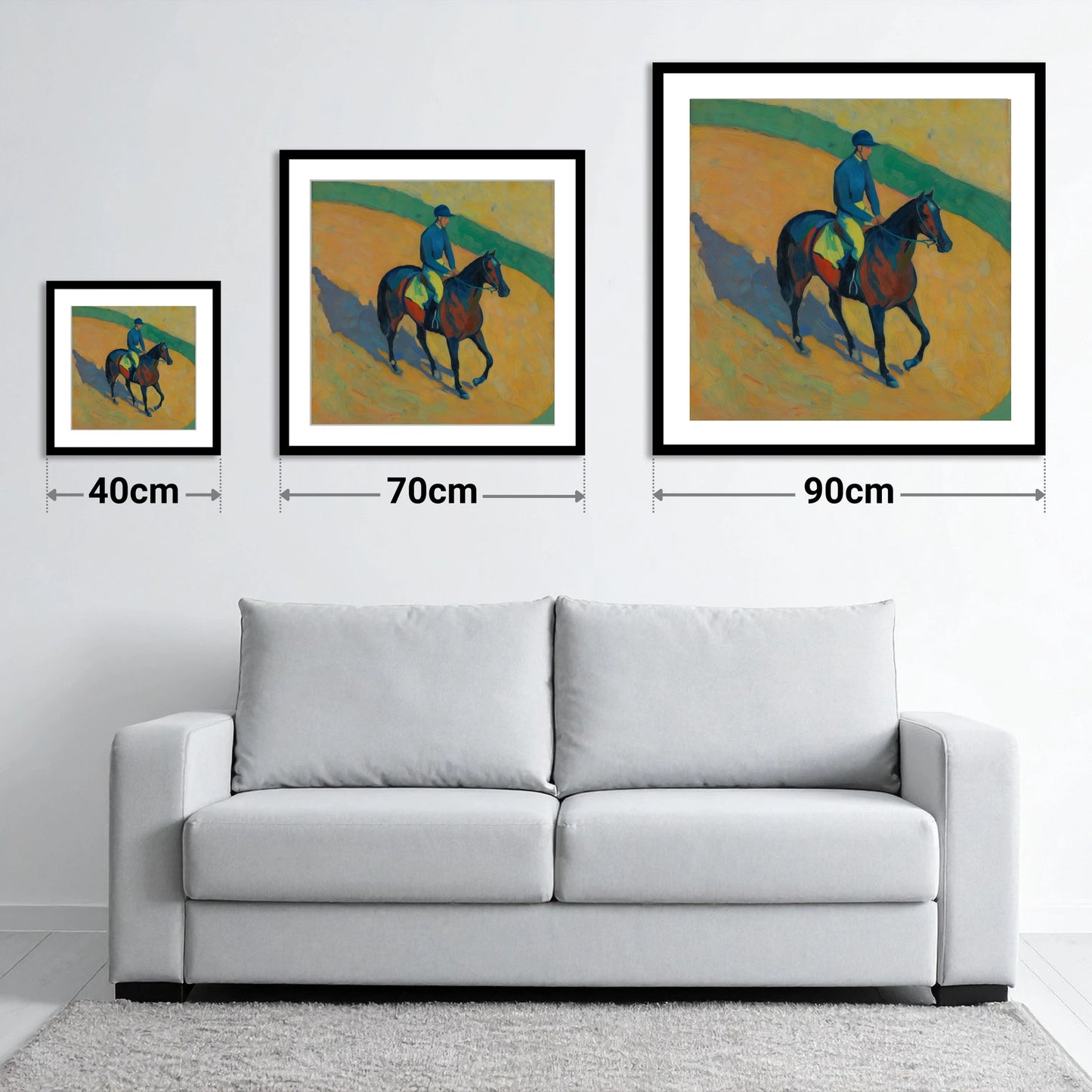 Shadows on the Golden Track - size guide showing 40cm, 70cm and 90cm art prints