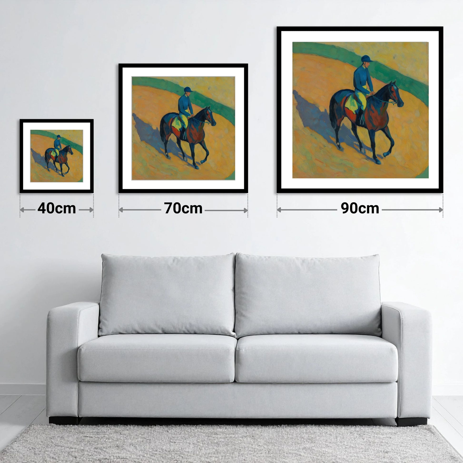 Shadows on the Golden Track - size guide showing 40cm, 70cm and 90cm art prints