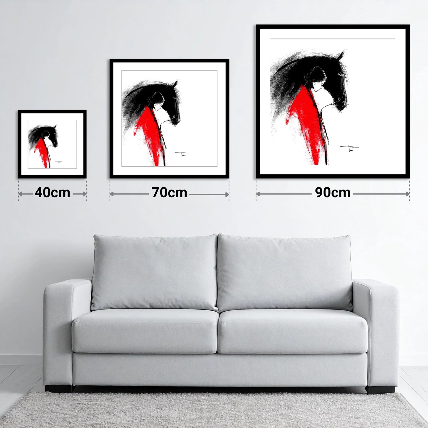 Crimson Connection - size guide showing 40cm, 70cm and 90cm art prints