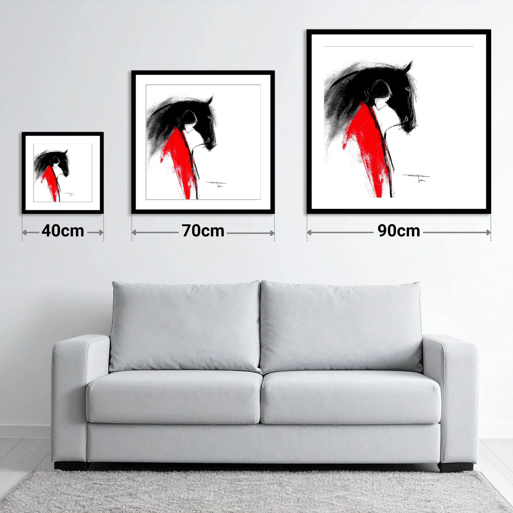 Crimson Connection - size guide showing 40cm, 70cm and 90cm art prints