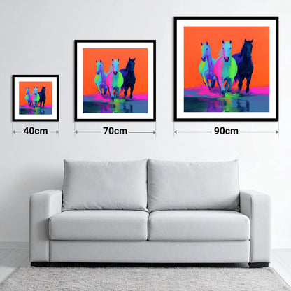 Technicolour Canter - size guide showing 40cm, 70cm and 90cm art prints