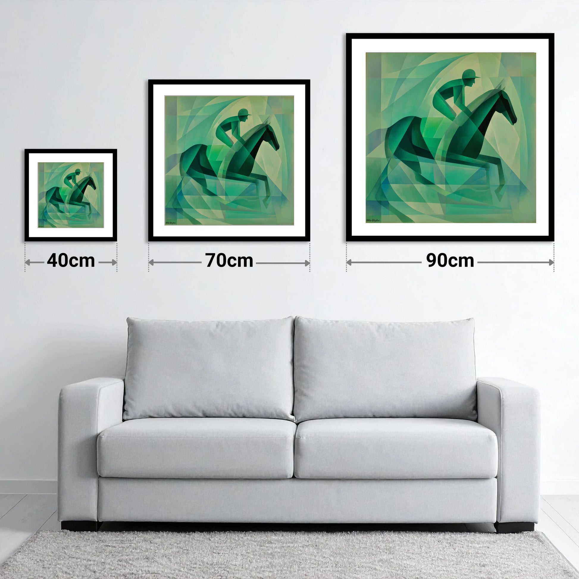 Verdant Stride - size guide showing 40cm, 70cm and 90cm art prints