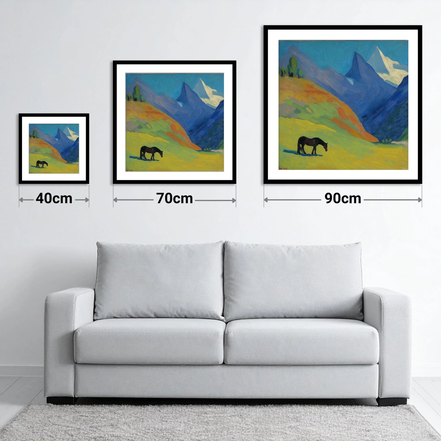 Vibrant Alpine Grazing - size guide showing 40cm, 70cm and 90cm art prints