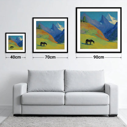 Vibrant Alpine Grazing - size guide showing 40cm, 70cm and 90cm art prints