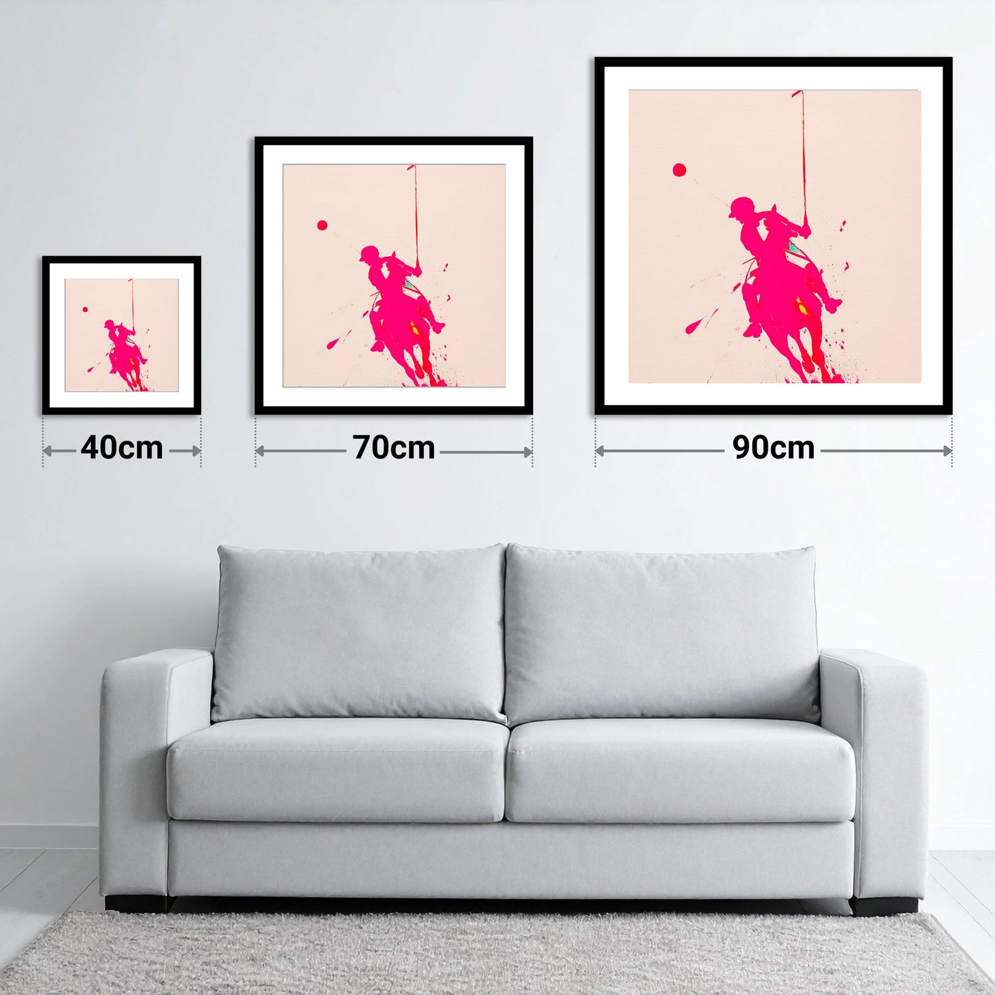 Vivid Polo Strike - size guide showing 40cm, 70cm and 90cm art prints