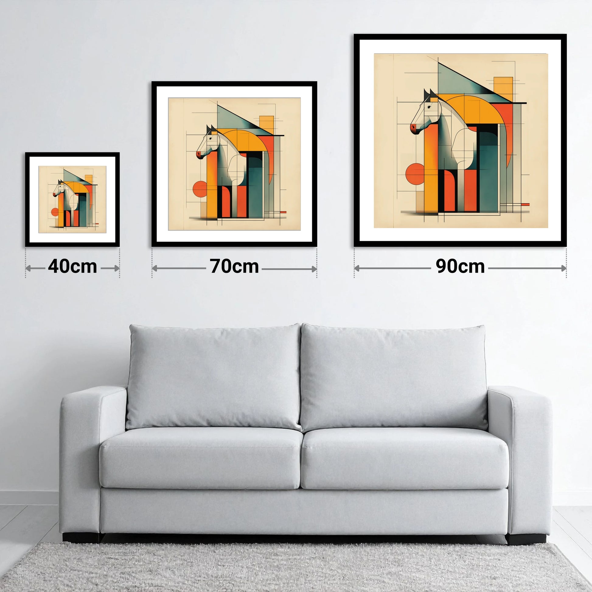 Structural Harmony - size guide showing 40cm, 70cm and 90cm art prints