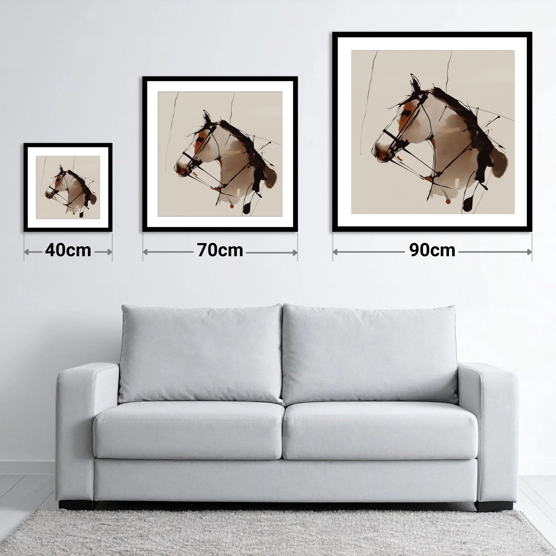 Raw Ink Equine Profile - size guide showing 40cm, 70cm and 90cm art prints