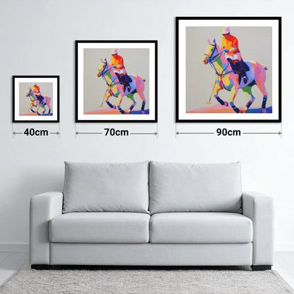 Vibrant Polo Pace - size guide showing 40cm, 70cm and 90cm art prints