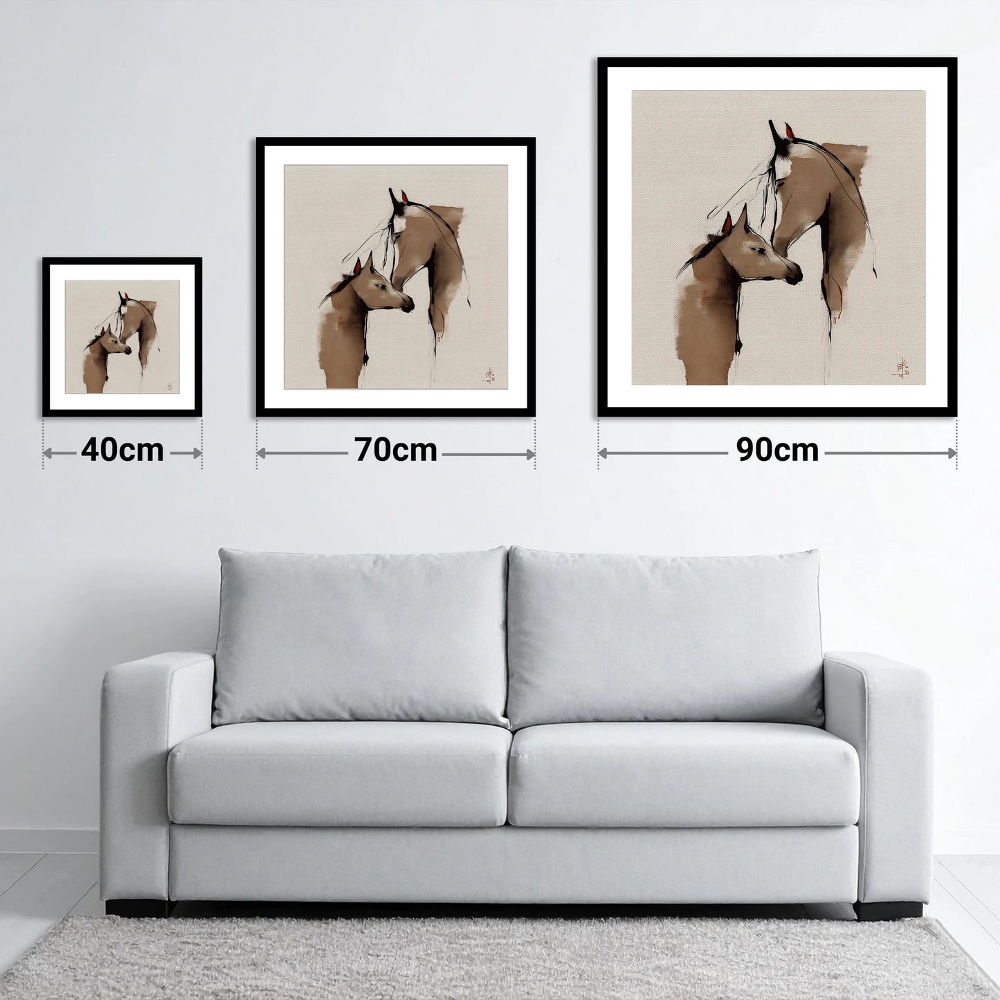 Silent Devotion - size guide showing 40cm, 70cm and 90cm art prints