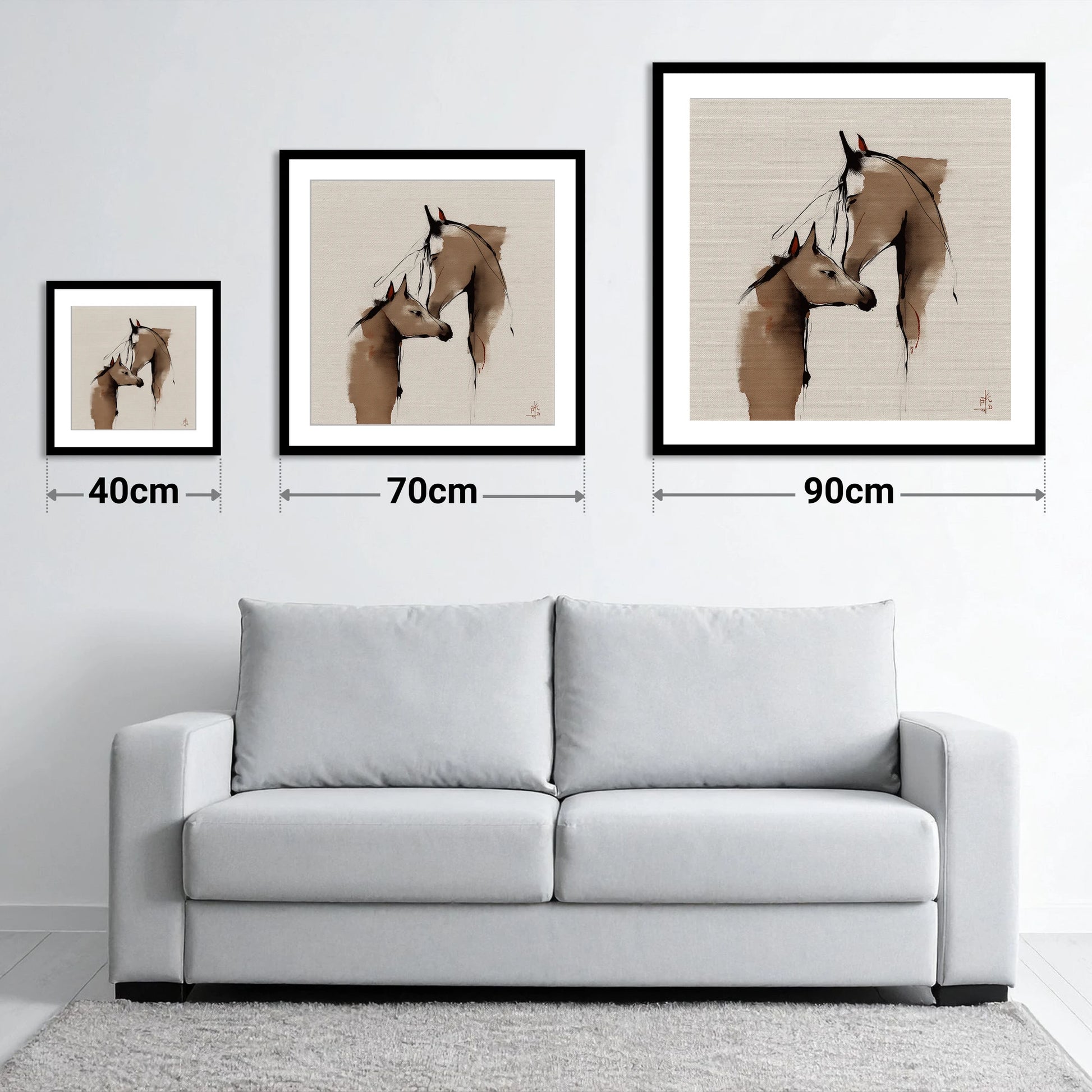 Silent Devotion - size guide showing 40cm, 70cm and 90cm art prints