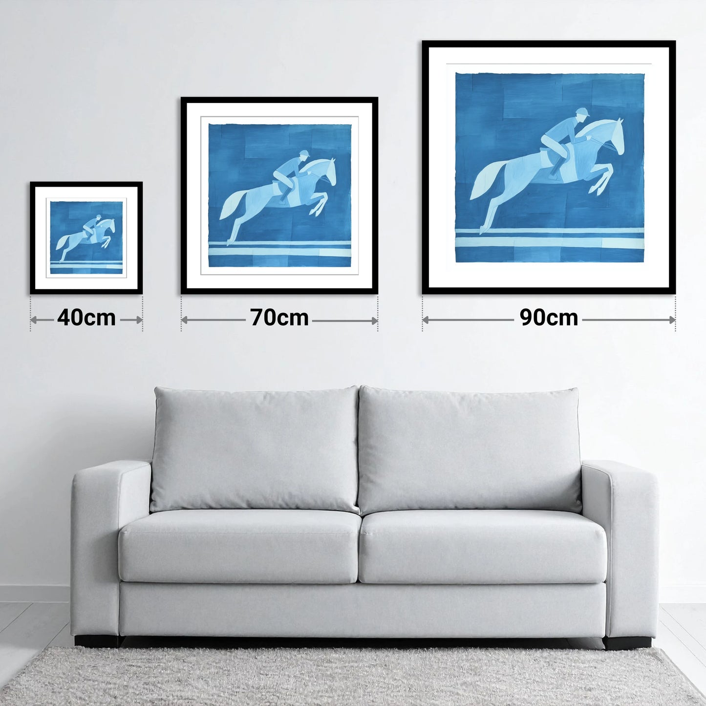 Azure Flight - size guide showing 40cm, 70cm and 90cm art prints