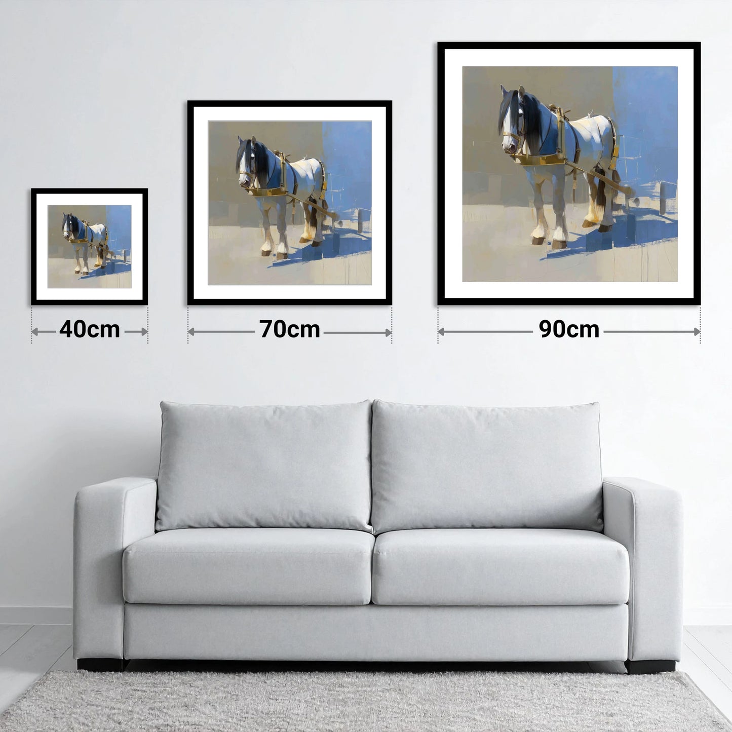 Dignity in the Shade - size guide showing 40cm, 70cm and 90cm art prints