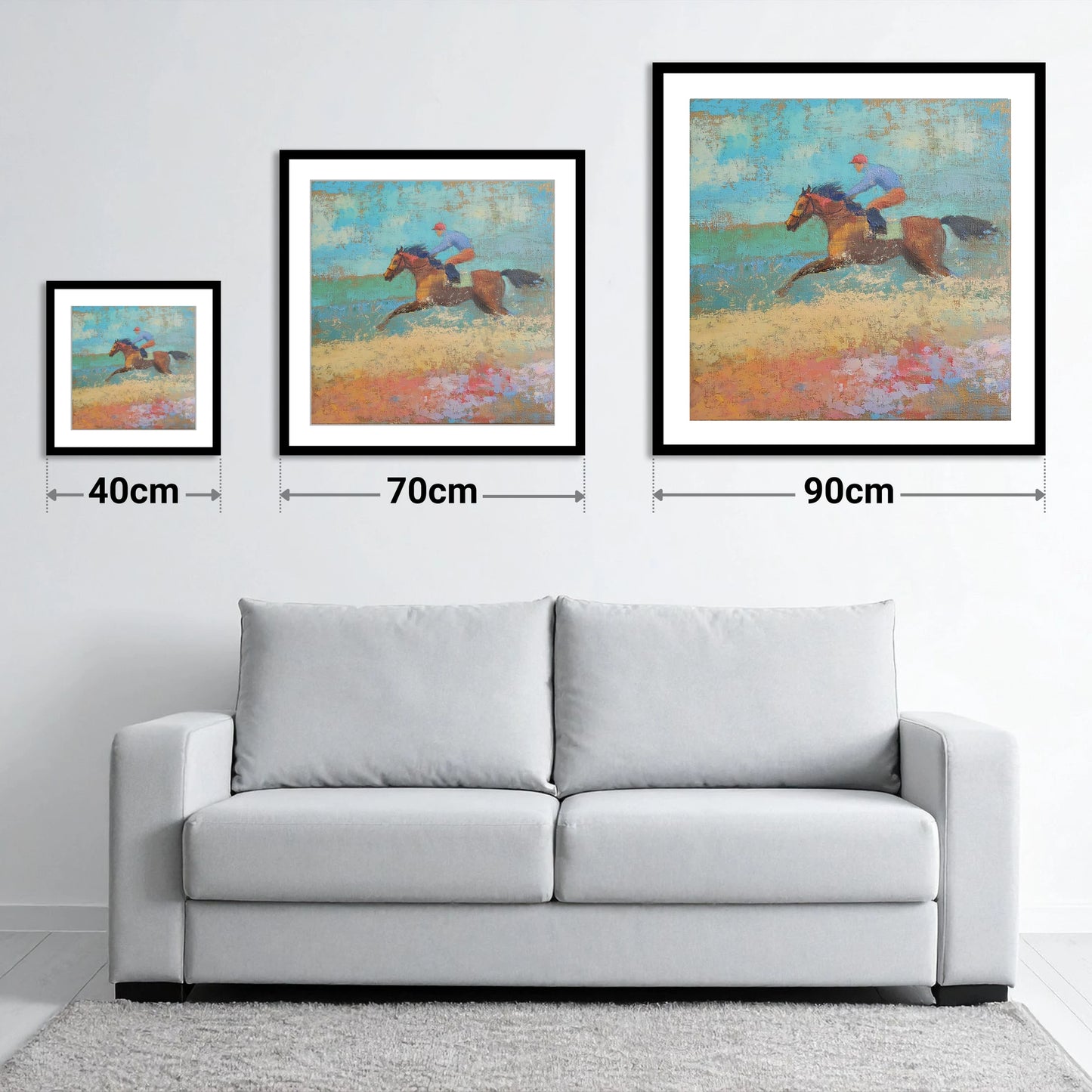 The Coastal Gallop - size guide showing 40cm, 70cm and 90cm art prints