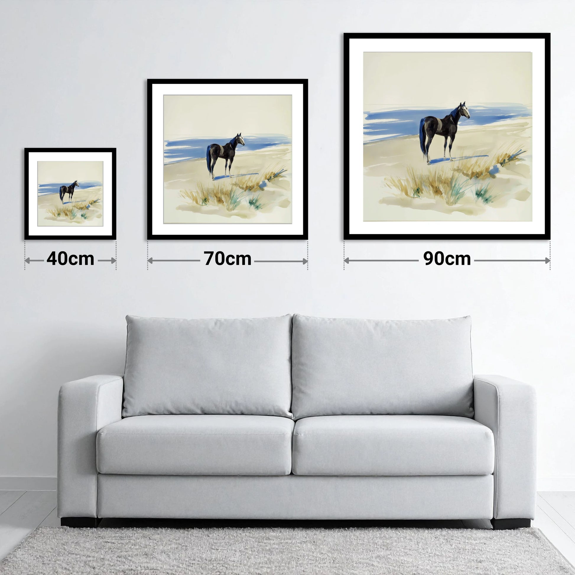 Coastal Silhouette - size guide showing 40cm, 70cm and 90cm art prints