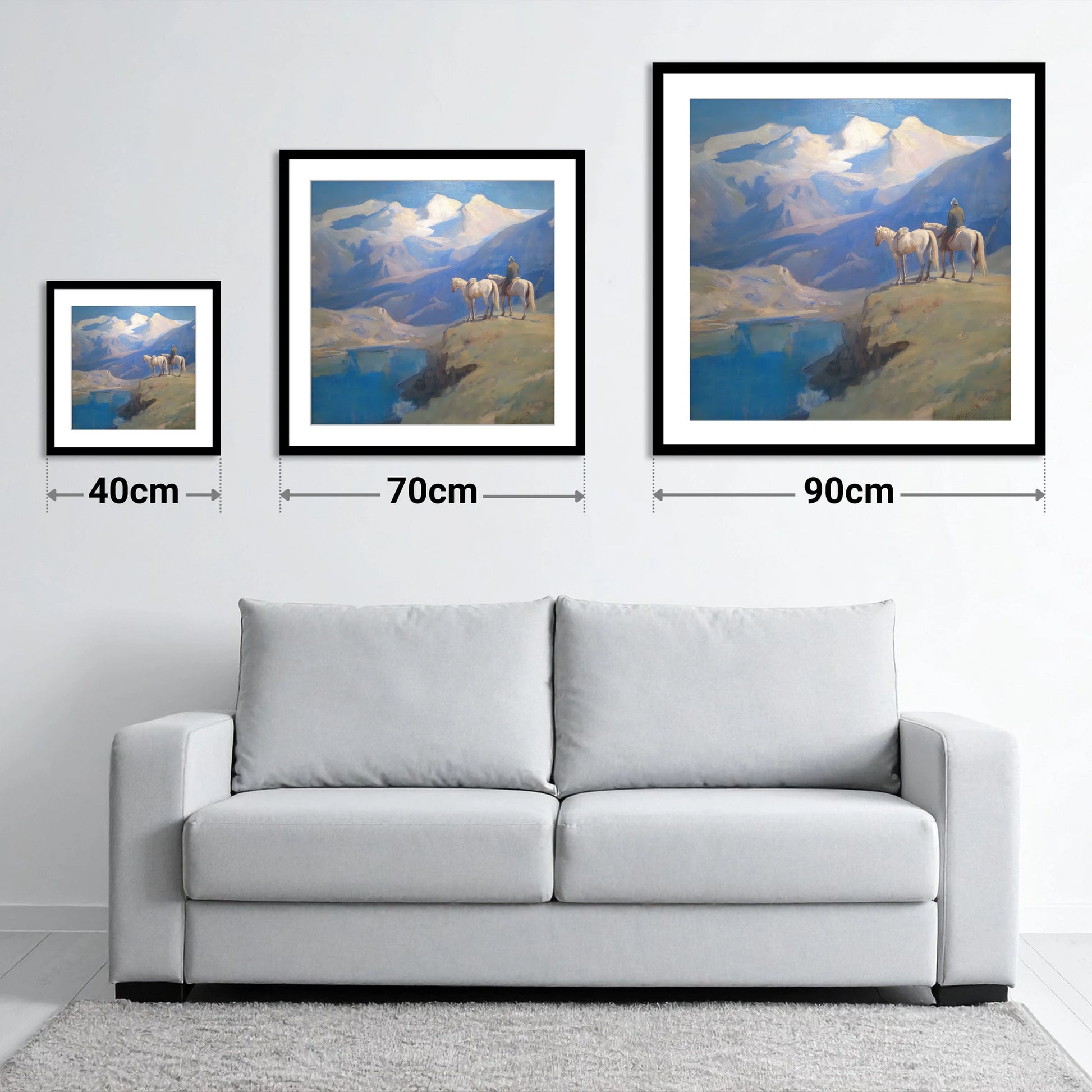 Alpine Vantage Point - size guide showing 40cm, 70cm and 90cm art prints