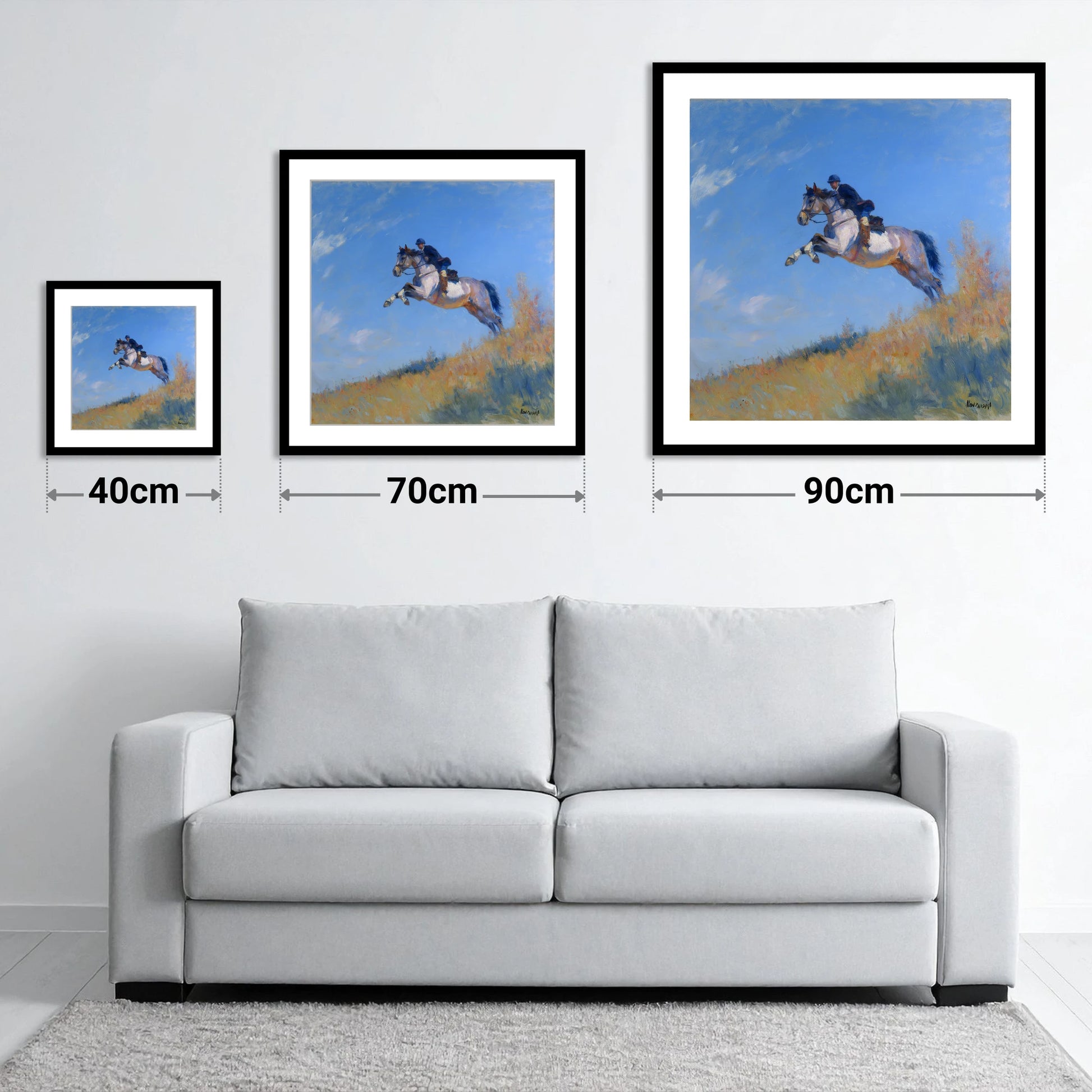 Leap Into the Blue - size guide showing 40cm, 70cm and 90cm art prints