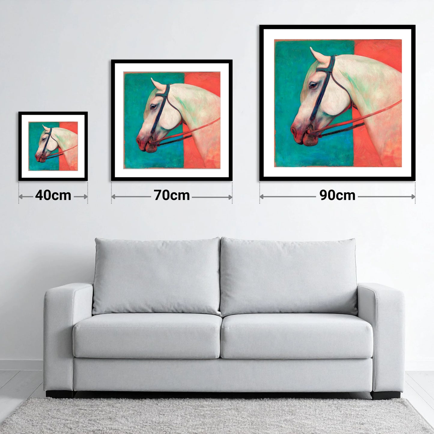 Crimson and Emerald Profile - size guide showing 40cm, 70cm and 90cm art prints