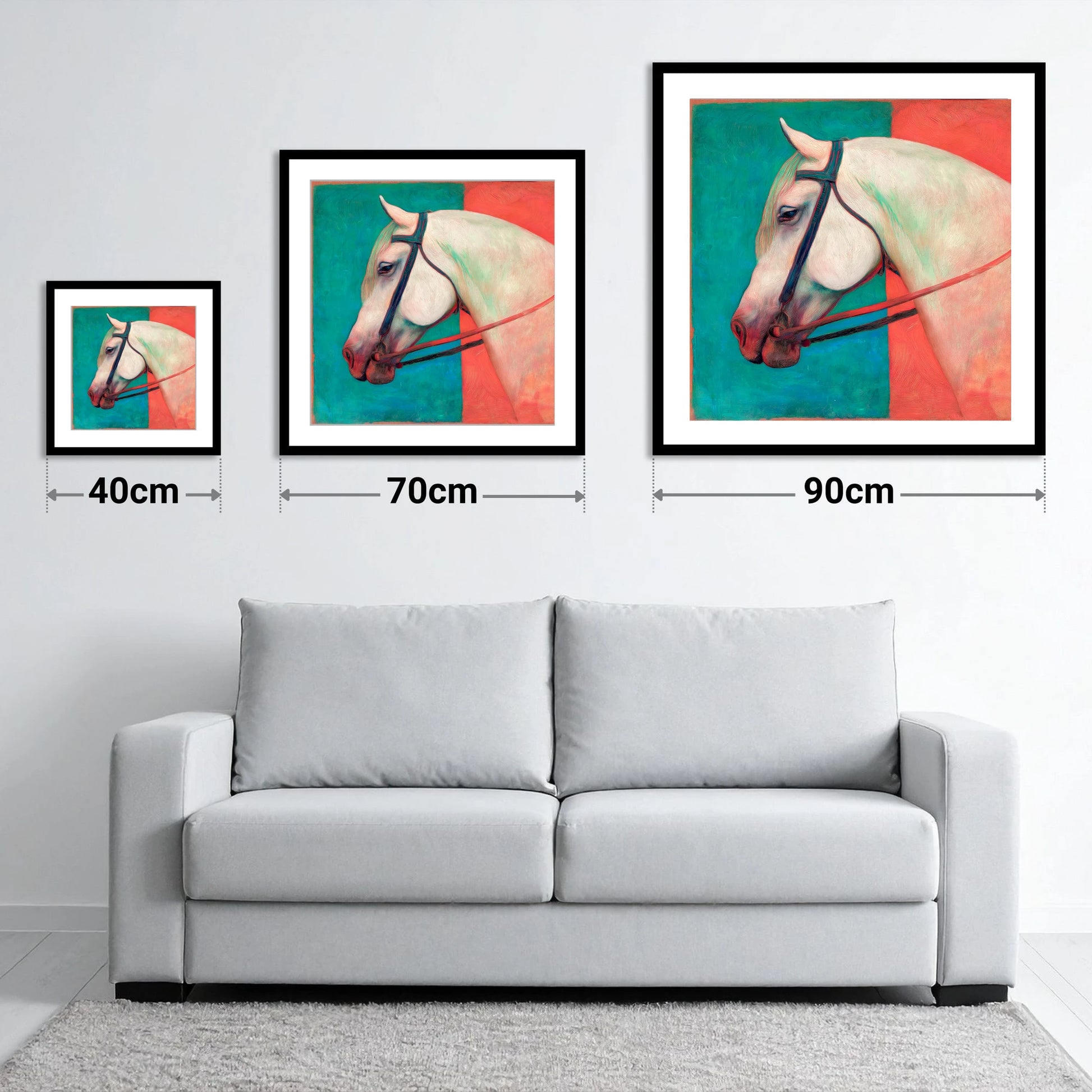 Crimson and Emerald Profile - size guide showing 40cm, 70cm and 90cm art prints