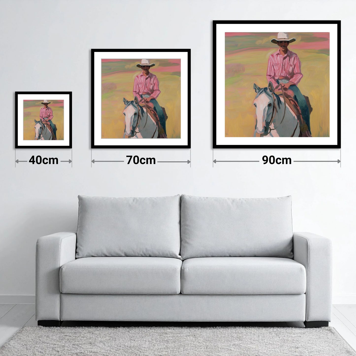 Dusk on the Plains - size guide showing 40cm, 70cm and 90cm art prints