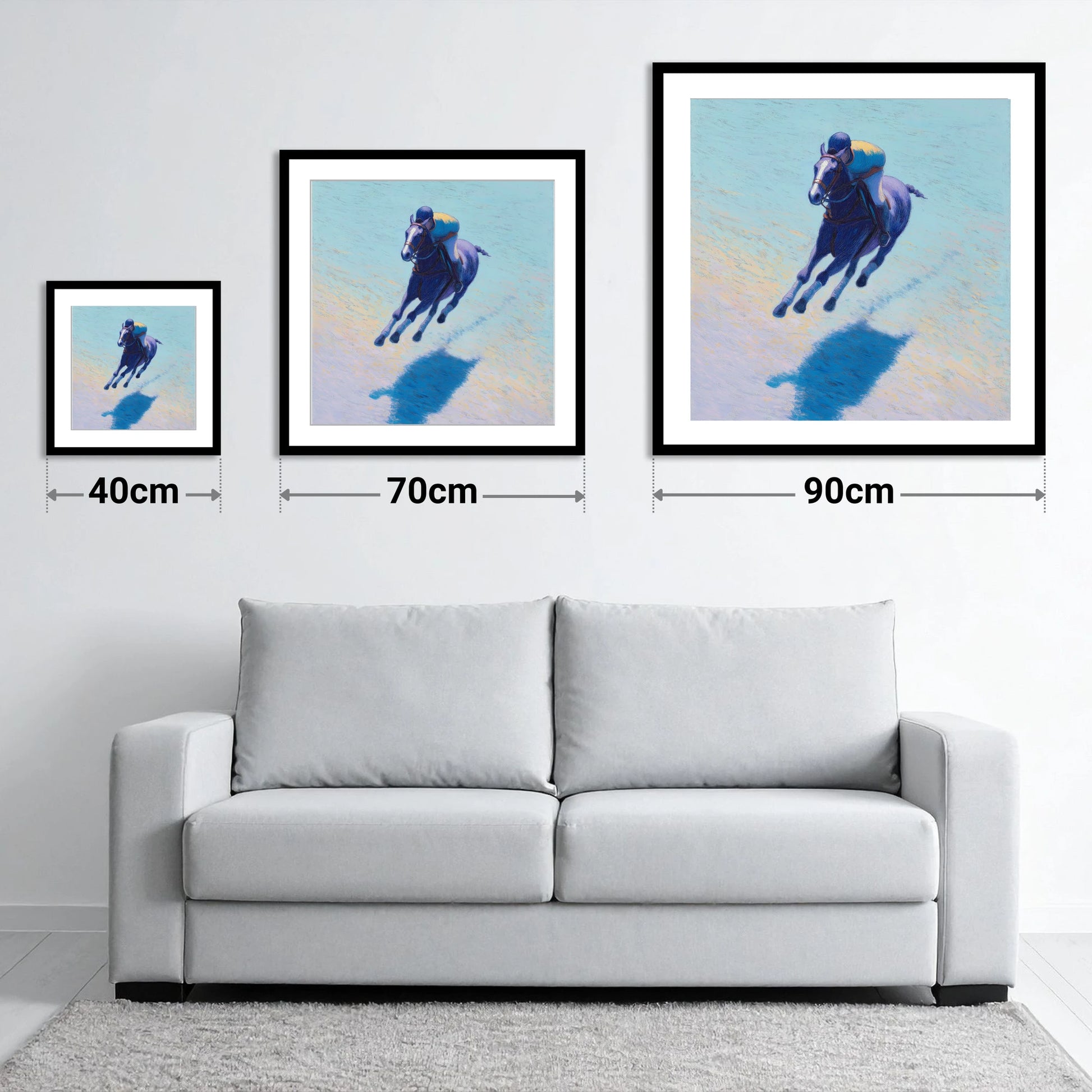 The Indigo Gallop - size guide showing 40cm, 70cm and 90cm art prints