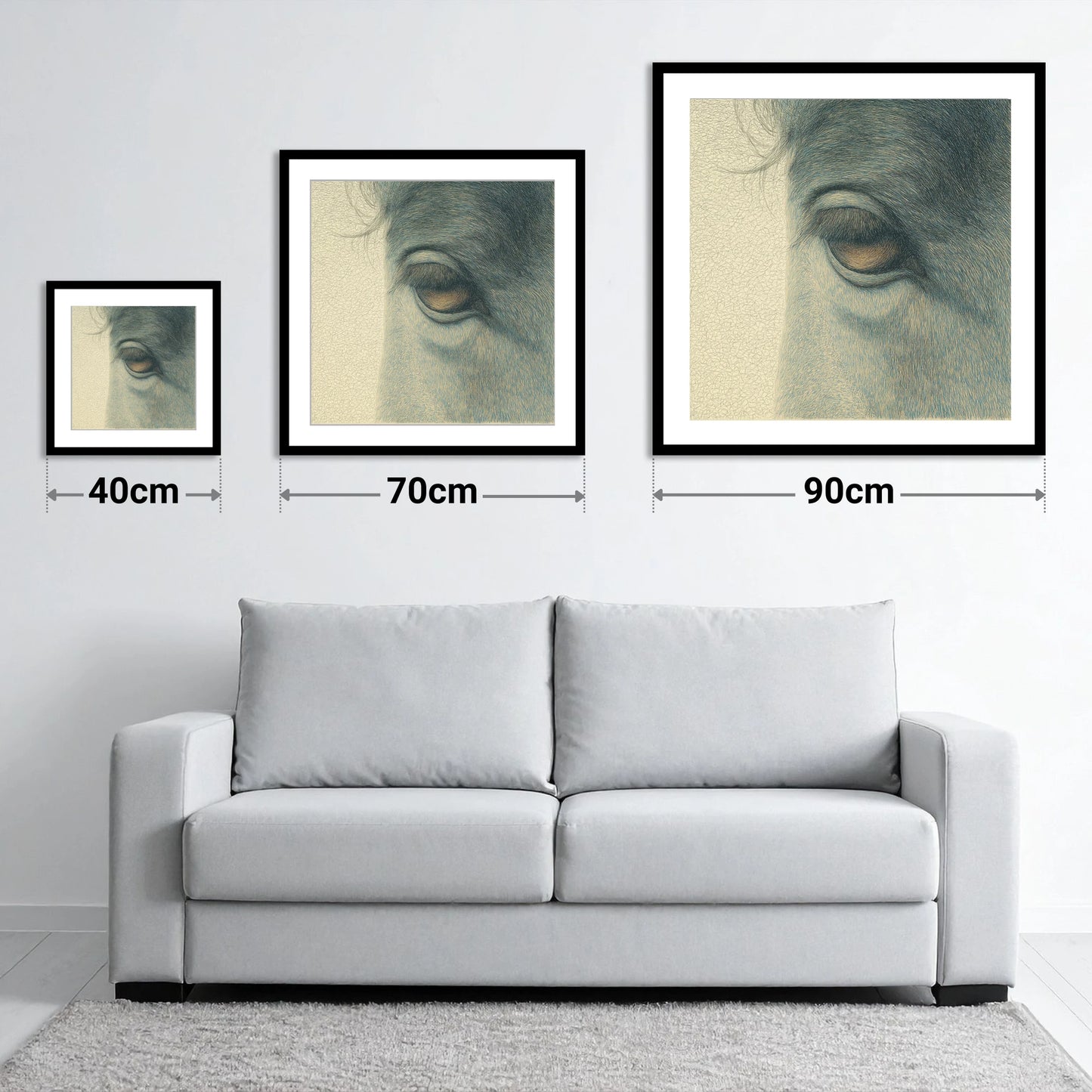 The Quiet Gaze - size guide showing 40cm, 70cm and 90cm art prints