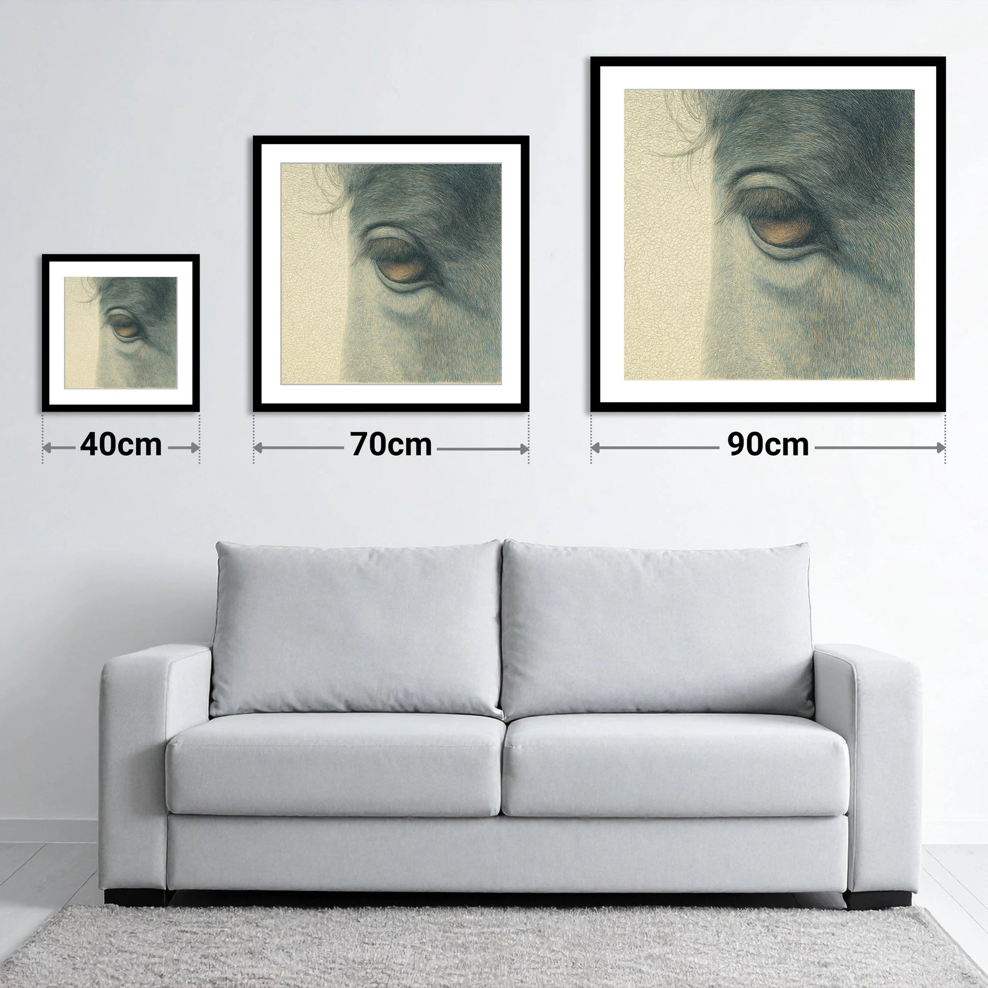 The Quiet Gaze - size guide showing 40cm, 70cm and 90cm art prints