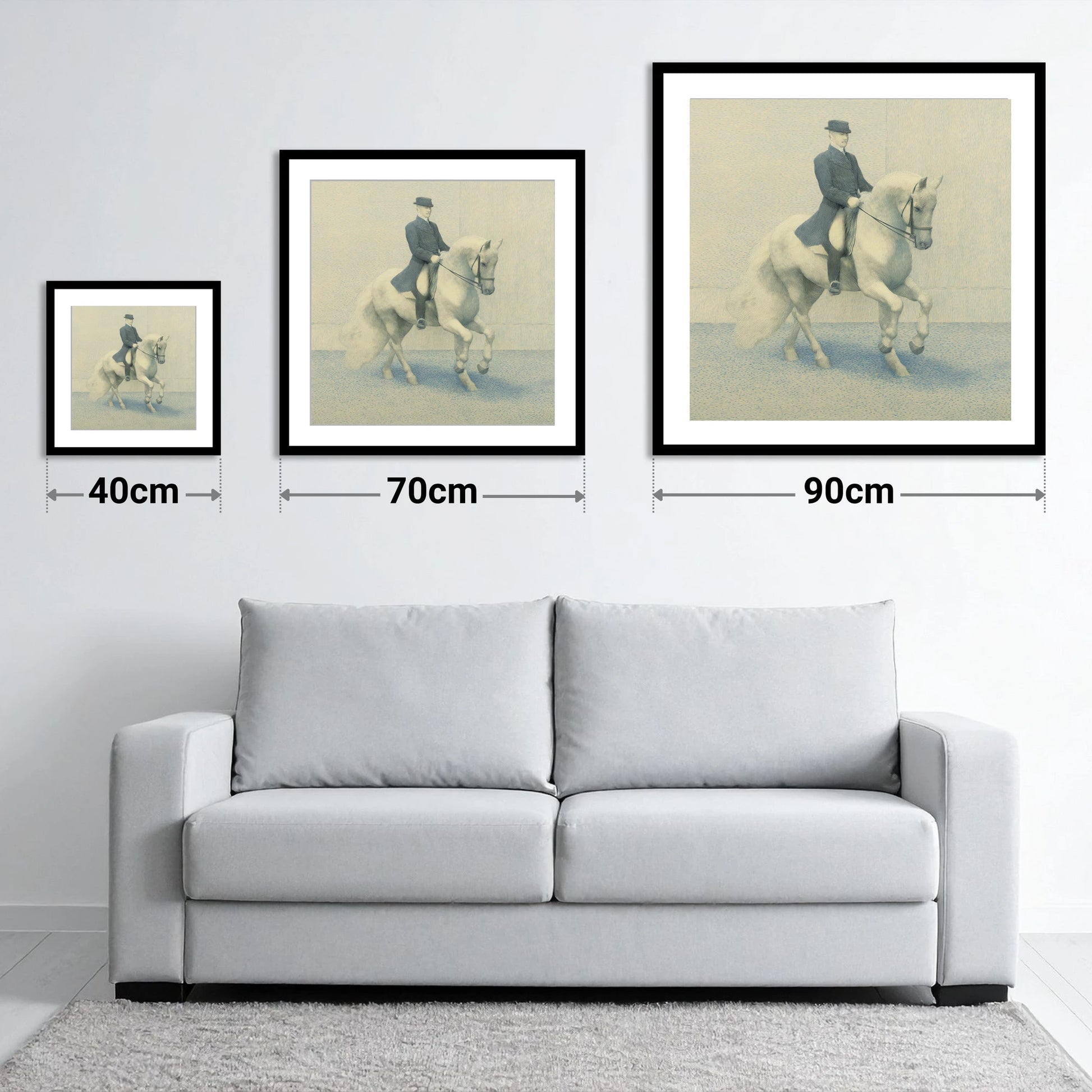 Mastery of Movement - size guide showing 40cm, 70cm and 90cm art prints