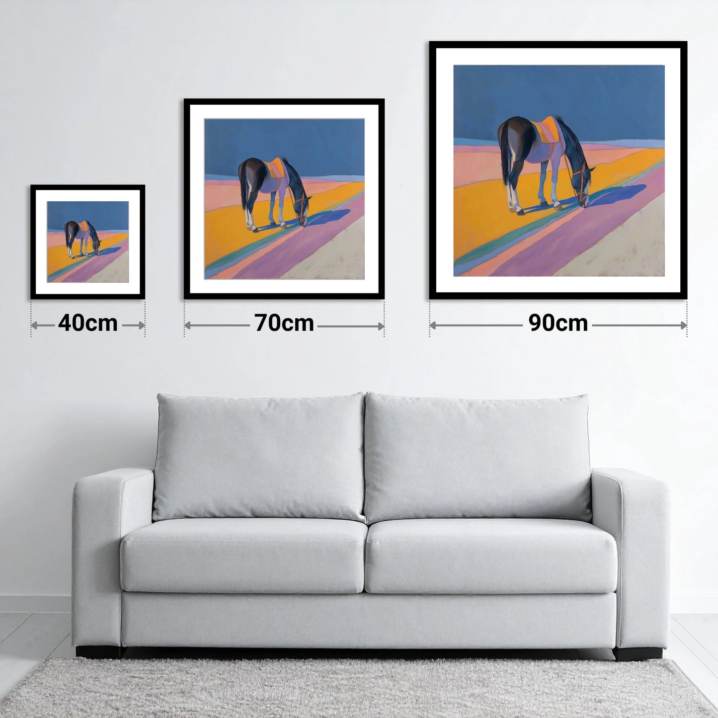 The Golden Hour Grazing - size guide showing 40cm, 70cm and 90cm art prints