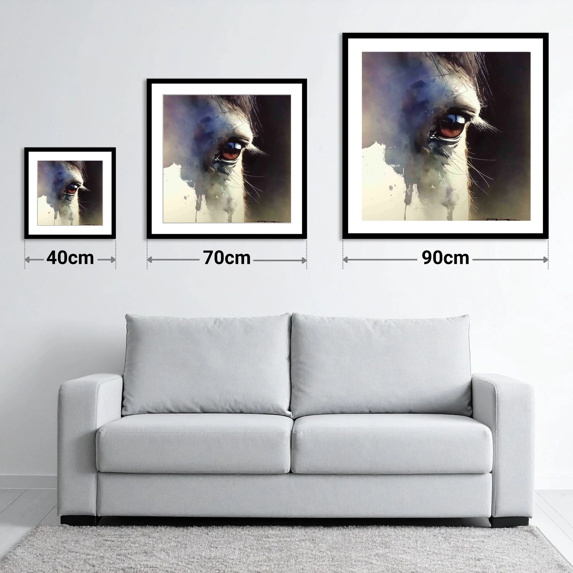 Indigo Gaze - size guide showing 40cm, 70cm and 90cm art prints