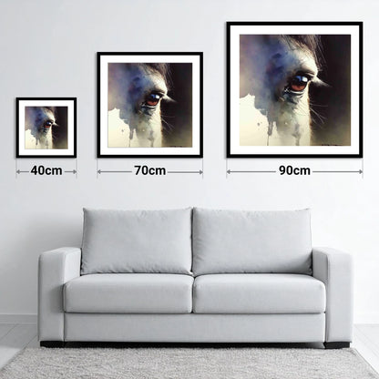Indigo Gaze - size guide showing 40cm, 70cm and 90cm art prints