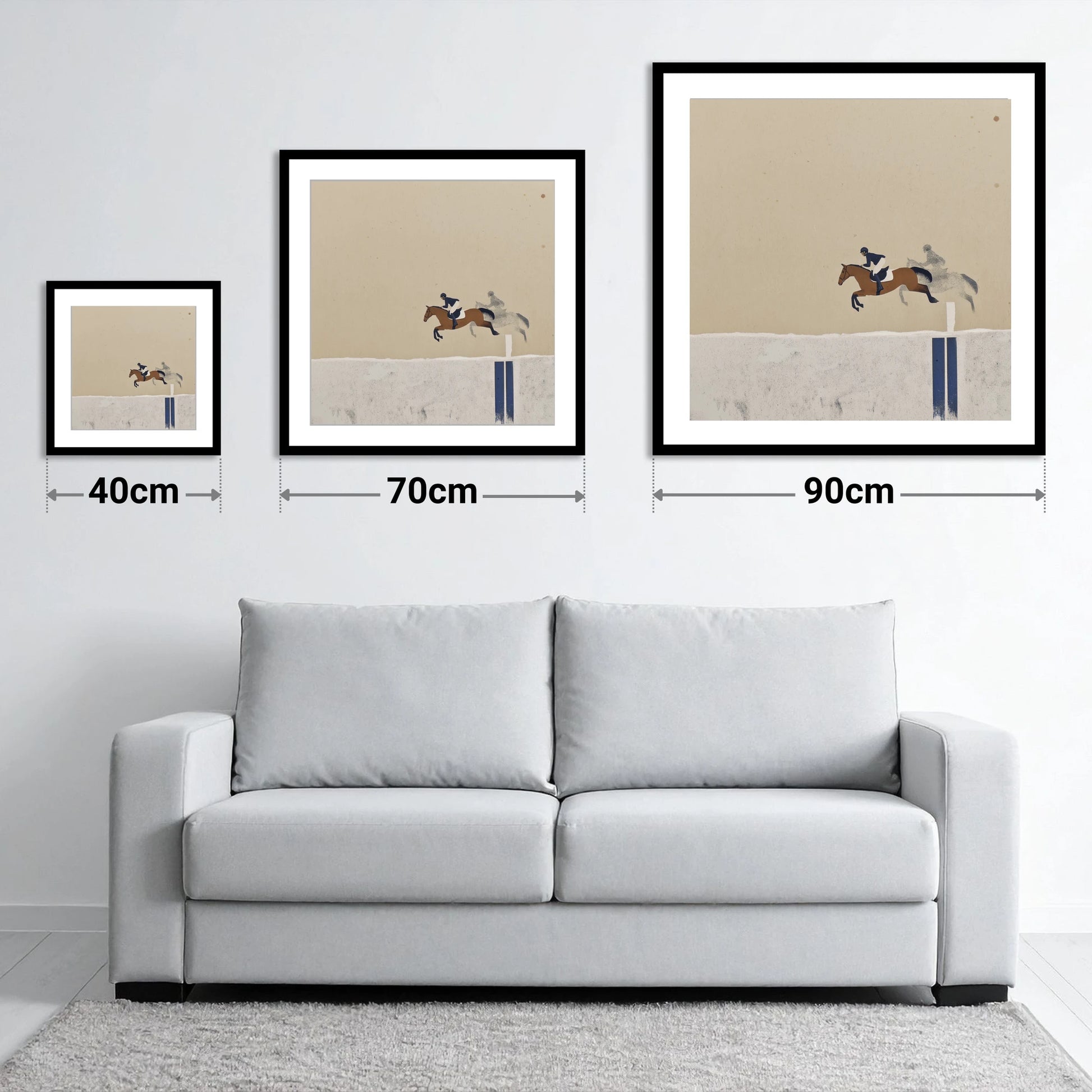 Suspended in Flight - size guide showing 40cm, 70cm and 90cm art prints