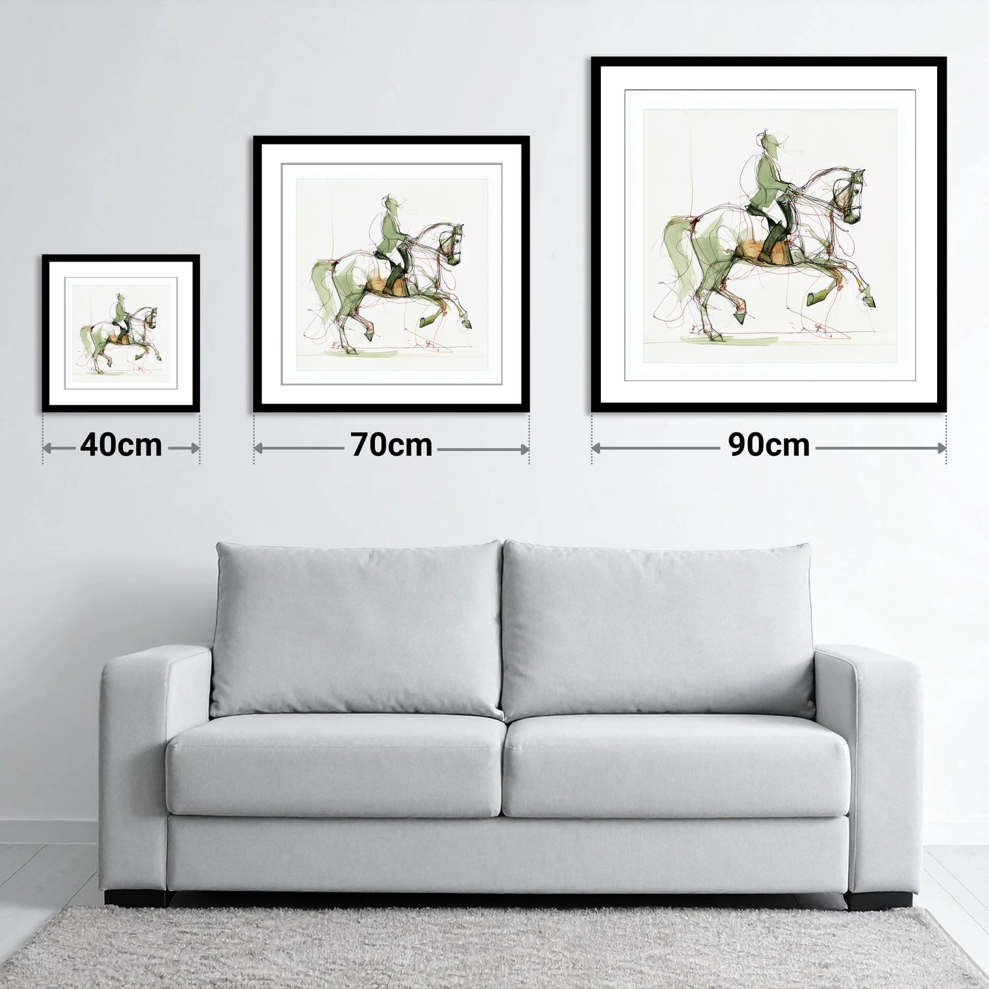 Expressive Dressage - size guide showing 40cm, 70cm and 90cm art prints