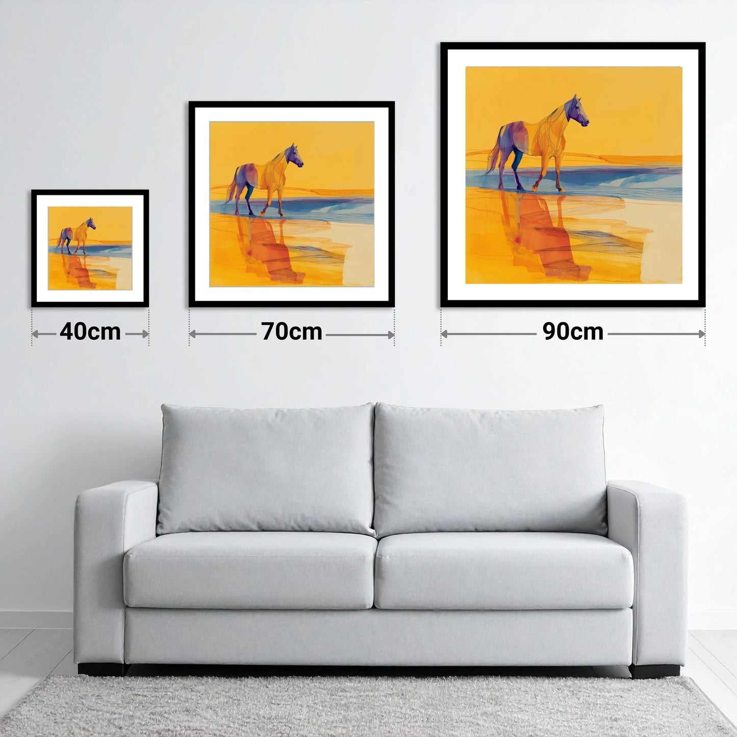 Amber Waters Stride - size guide showing 40cm, 70cm and 90cm art prints