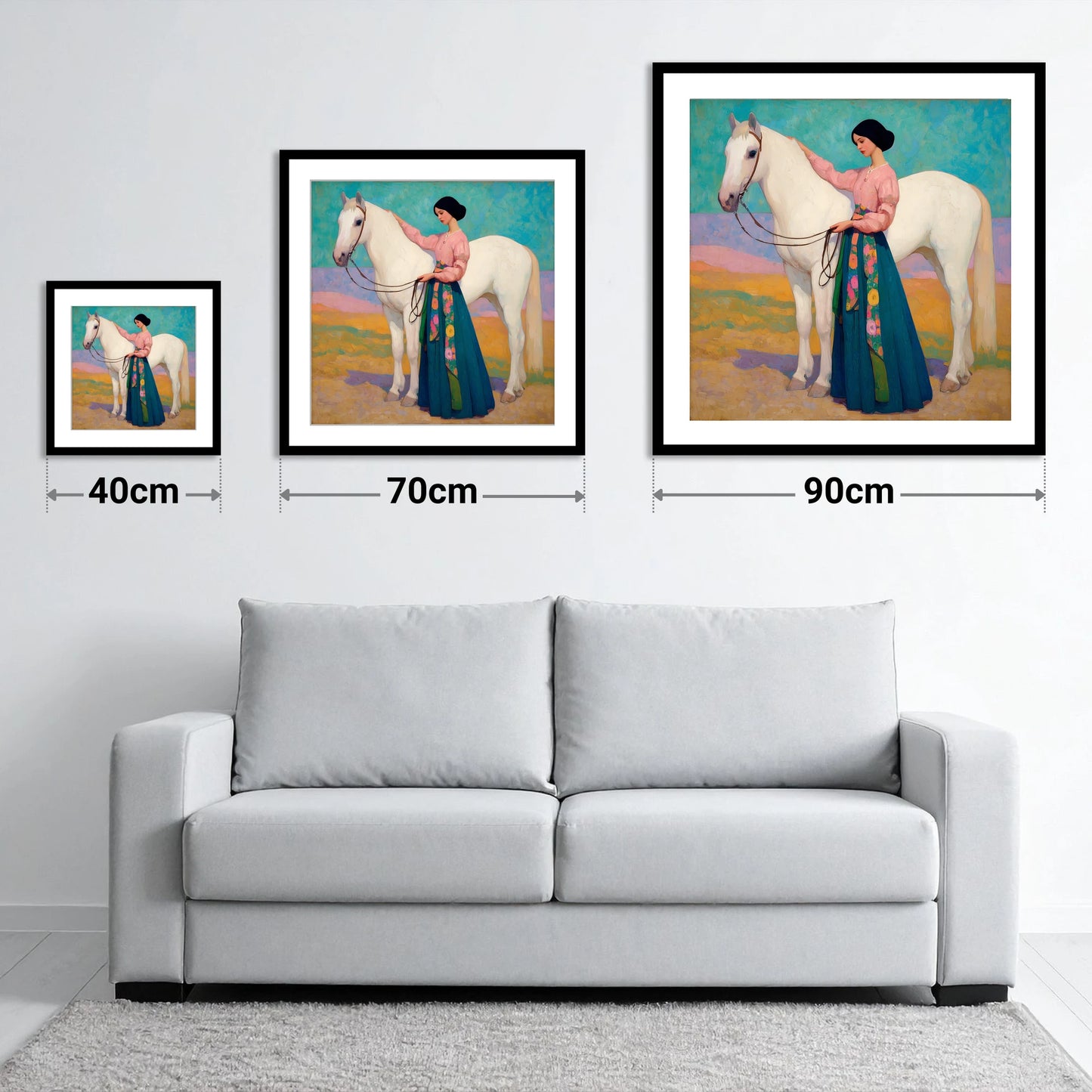 Vibrant Connection - size guide showing 40cm, 70cm and 90cm art prints