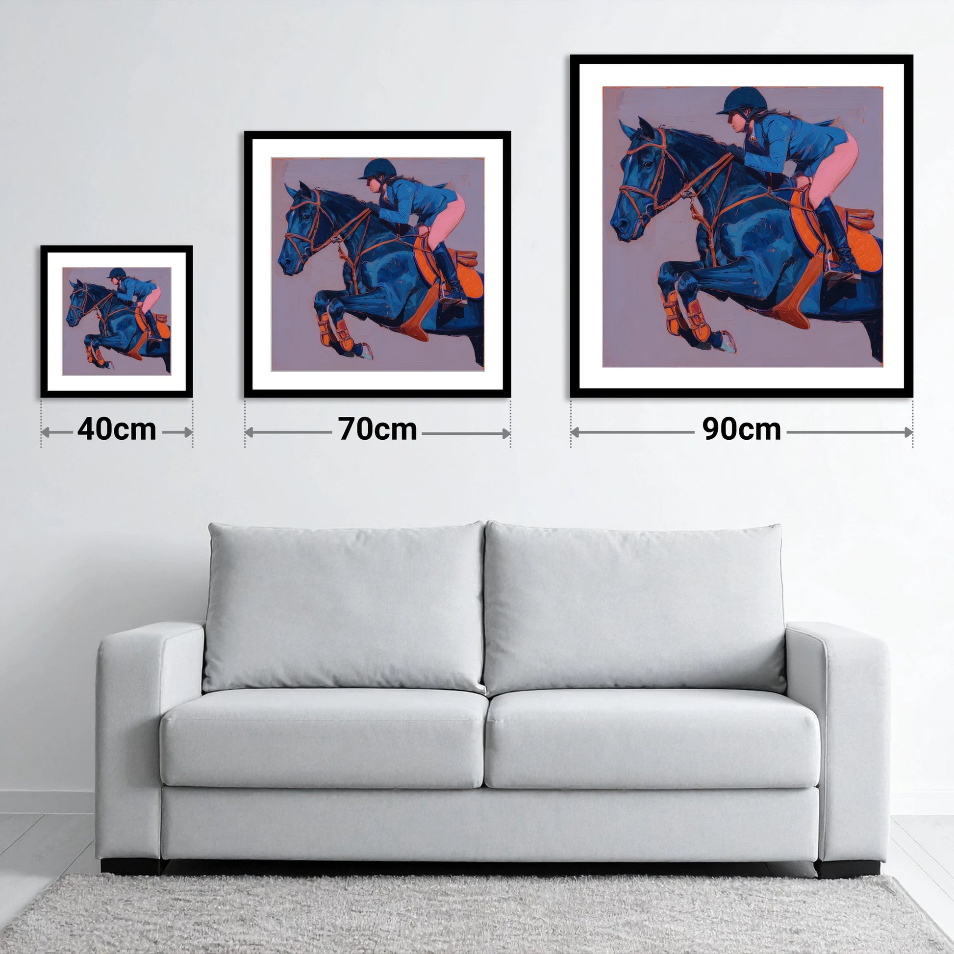 Flight in Indigo - size guide showing 40cm, 70cm and 90cm art prints
