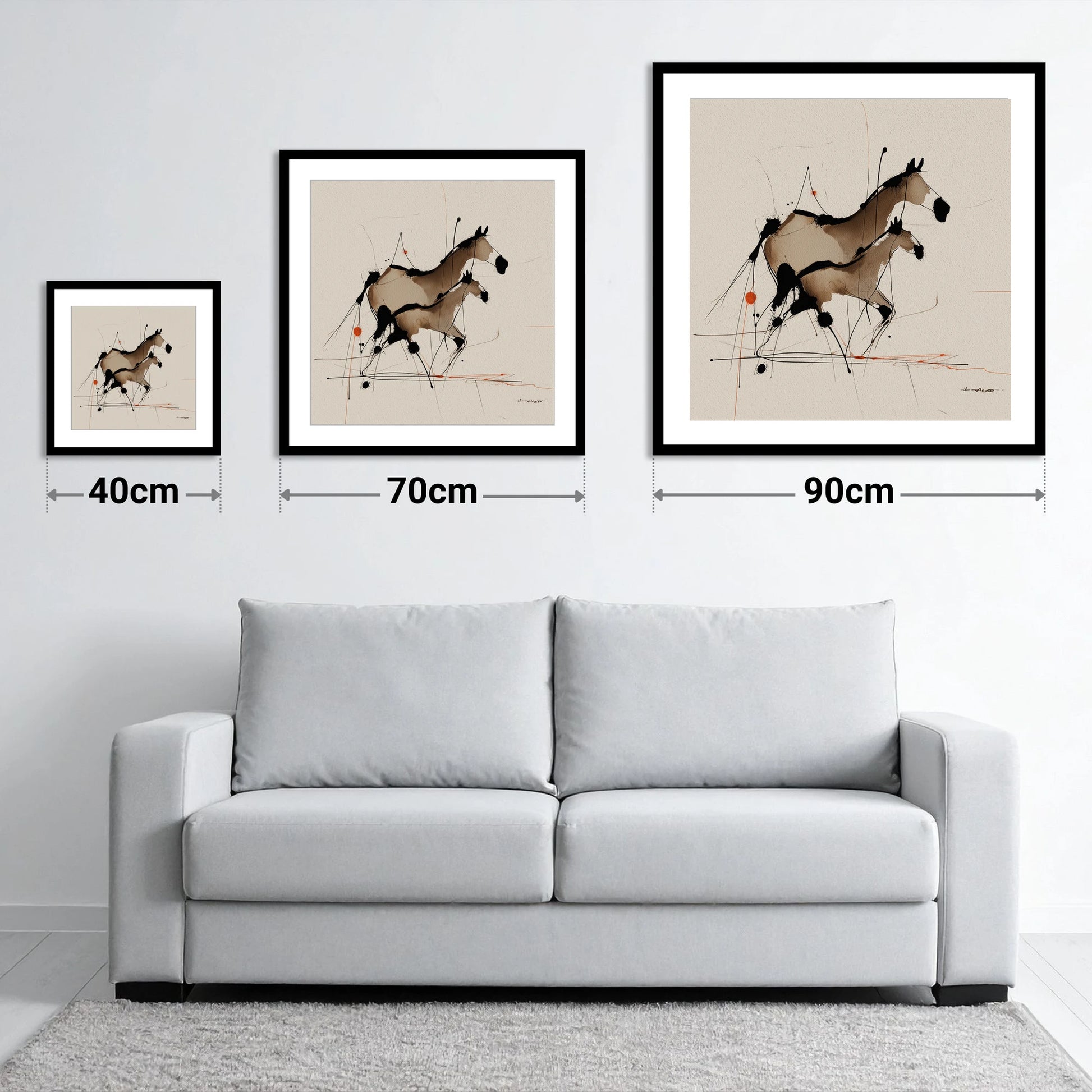 Sepia Shadows - size guide showing 40cm, 70cm and 90cm art prints