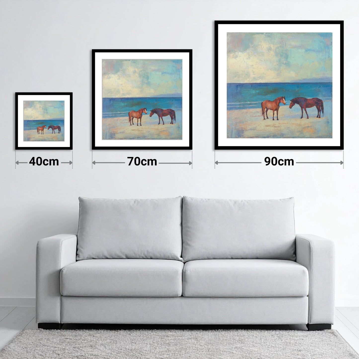 Shoreline Companions - size guide showing 40cm, 70cm and 90cm art prints