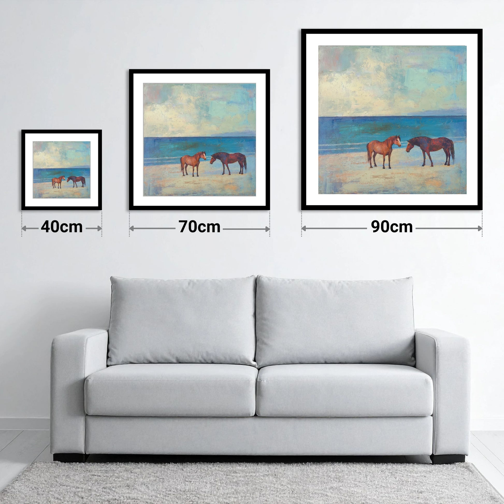 Shoreline Companions - size guide showing 40cm, 70cm and 90cm art prints