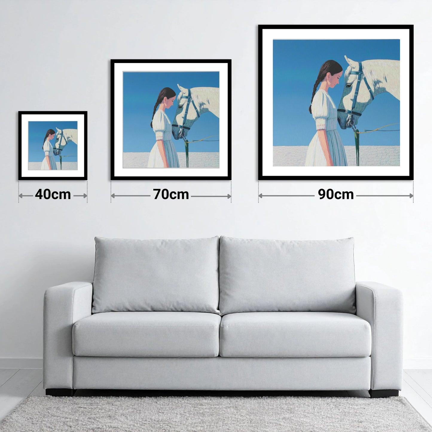 Silent Dialogue - size guide showing 40cm, 70cm and 90cm art prints