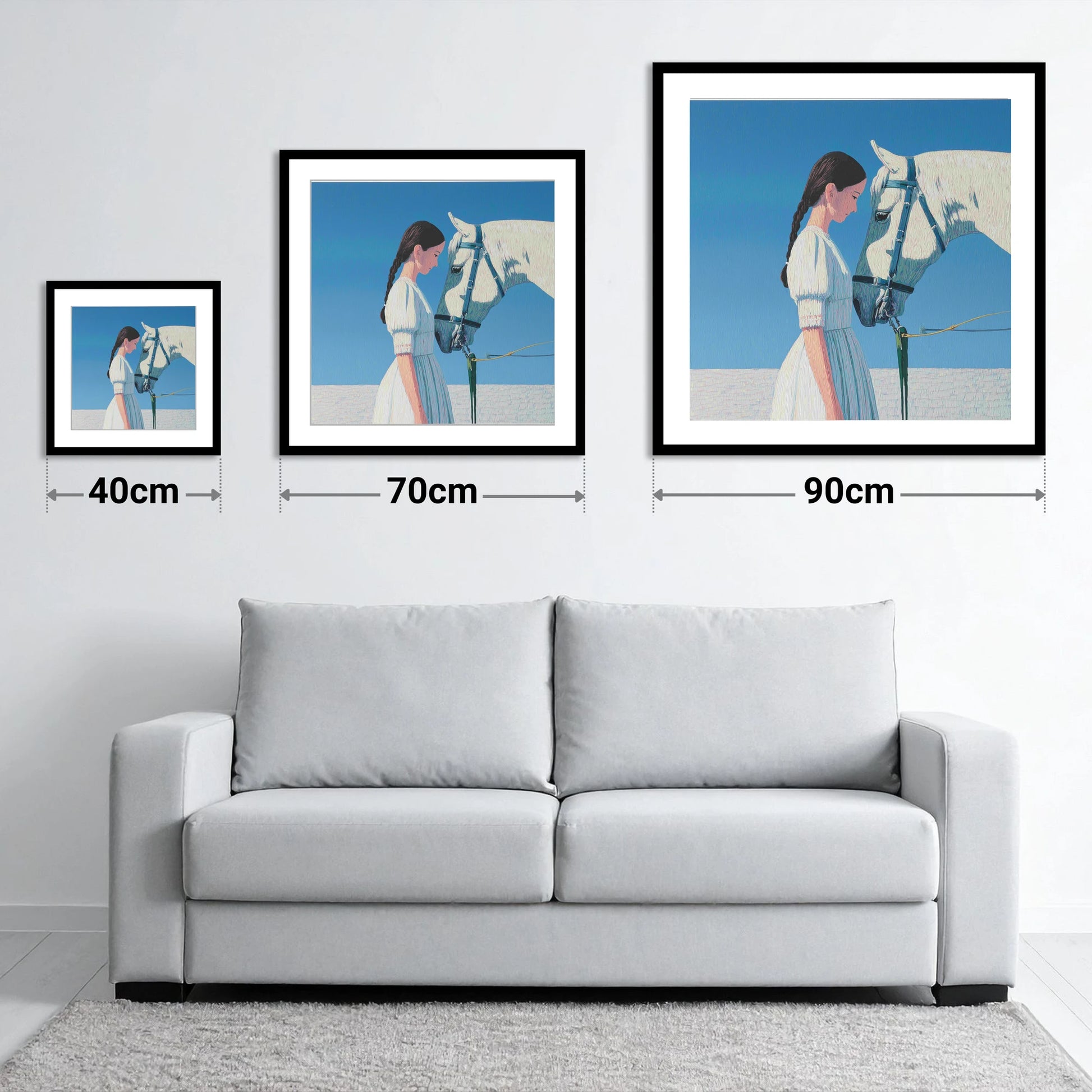 Silent Dialogue - size guide showing 40cm, 70cm and 90cm art prints