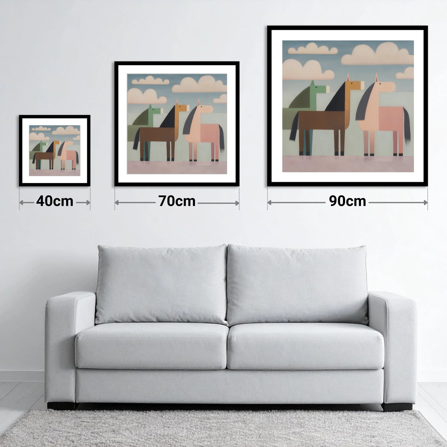 Serene Stylised Herd - size guide showing 40cm, 70cm and 90cm art prints