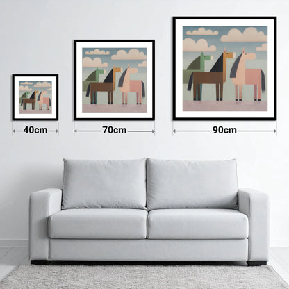 Serene Stylised Herd - size guide showing 40cm, 70cm and 90cm art prints