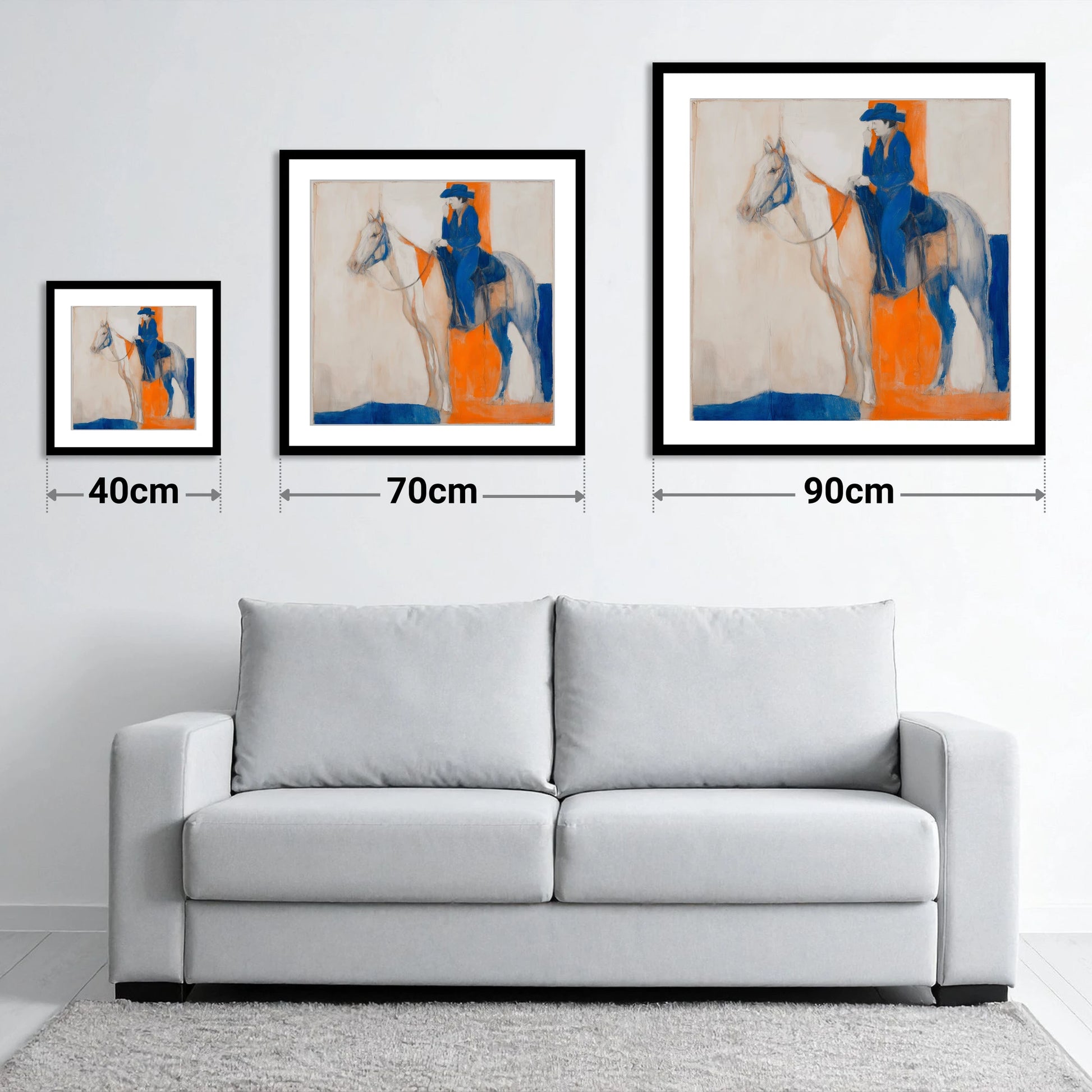Ultramarine Western Rider - size guide showing 40cm, 70cm and 90cm art prints